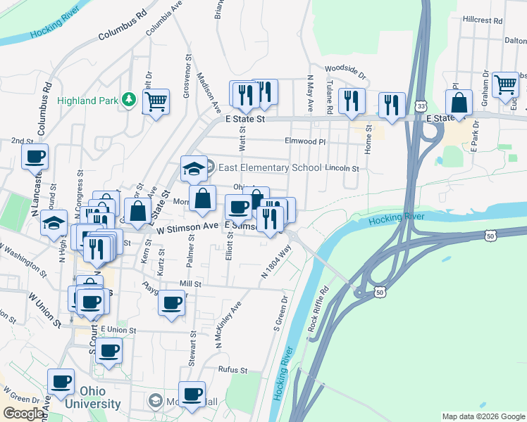 map of restaurants, bars, coffee shops, grocery stores, and more near 153 Morris Avenue in Athens