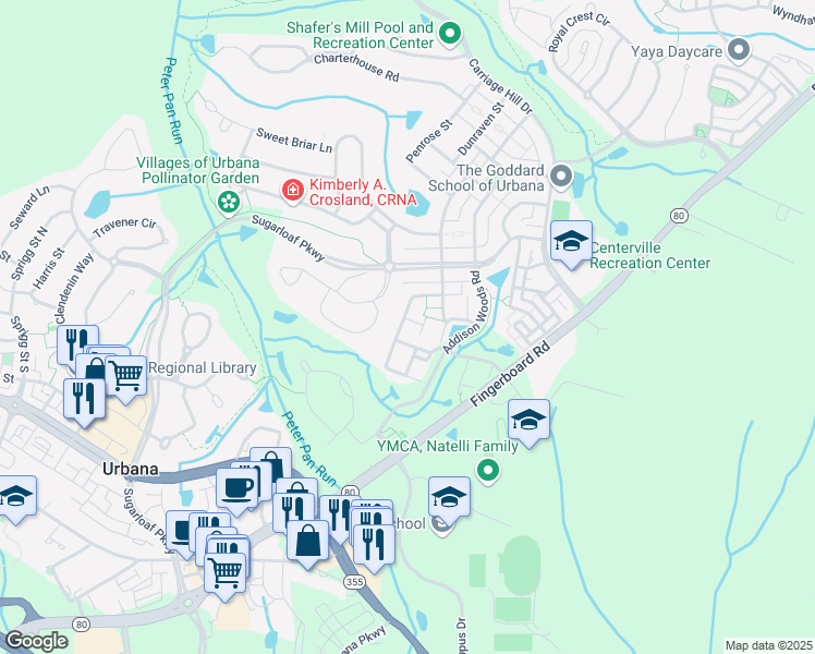 map of restaurants, bars, coffee shops, grocery stores, and more near 9503 Ward Place in Frederick