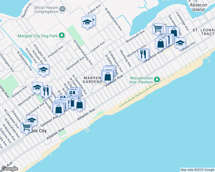map of restaurants, bars, coffee shops, grocery stores, and more near in Margate City