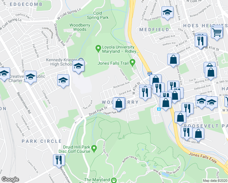 map of restaurants, bars, coffee shops, grocery stores, and more near 3653 Keystone Avenue in Baltimore