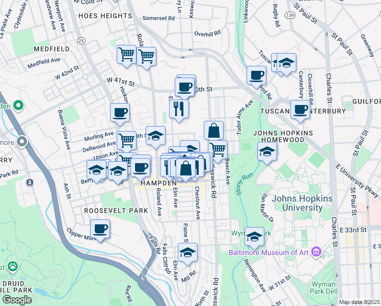 map of restaurants, bars, coffee shops, grocery stores, and more near 812 West 37th Street in Baltimore