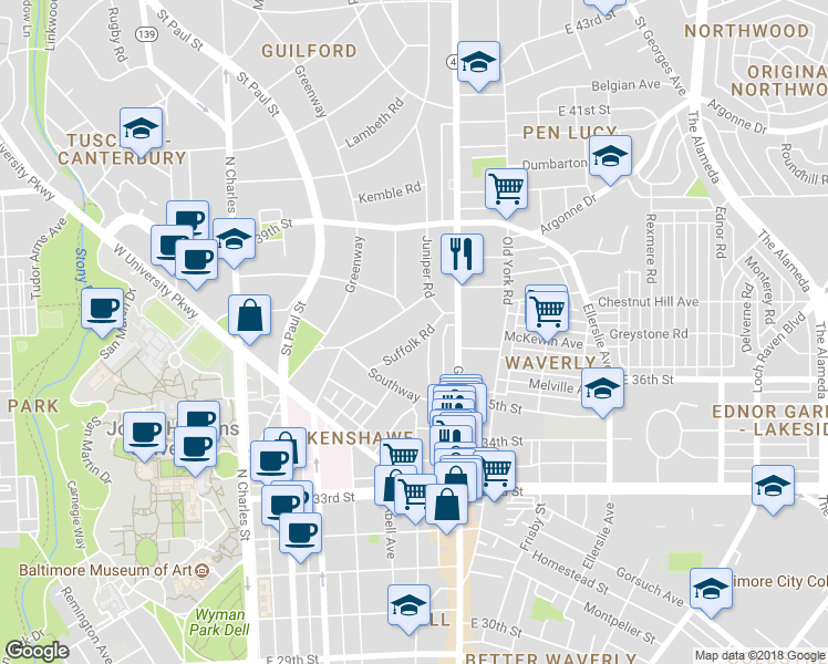map of restaurants, bars, coffee shops, grocery stores, and more near 330 Suffolk Rd in Baltimore