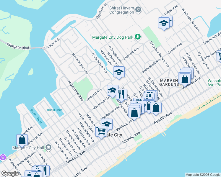 map of restaurants, bars, coffee shops, grocery stores, and more near 210 North Granville Avenue in Margate City