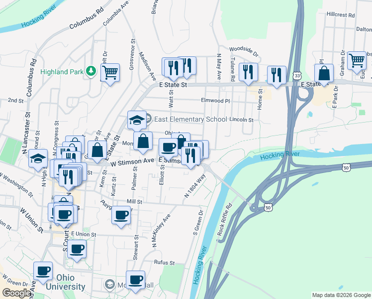 map of restaurants, bars, coffee shops, grocery stores, and more near 153 Morris Avenue in Athens