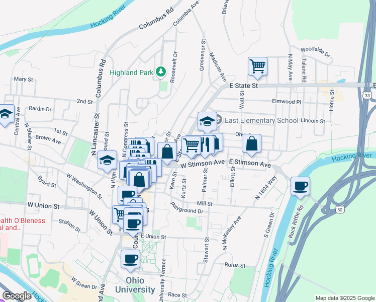 map of restaurants, bars, coffee shops, grocery stores, and more near 15.5 Morris Avenue in Athens