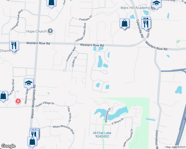 map of restaurants, bars, coffee shops, grocery stores, and more near 7262 White Oak Court in Mason