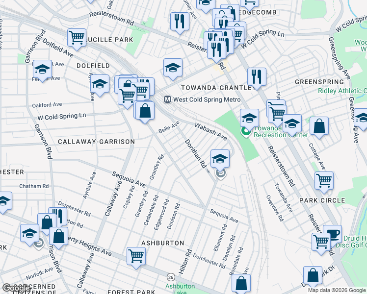 map of restaurants, bars, coffee shops, grocery stores, and more near 3923 Grantley Rd in Baltimore