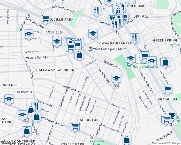map of restaurants, bars, coffee shops, grocery stores, and more near 3468 Dolfield Avenue in Baltimore