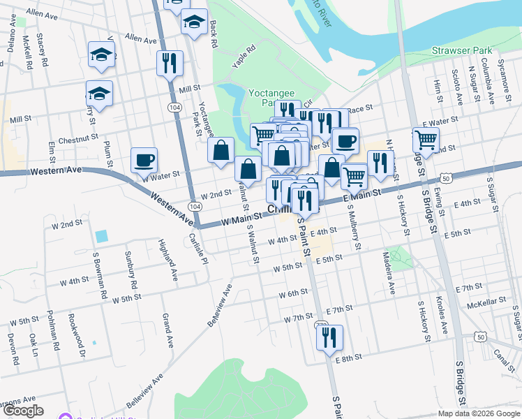 map of restaurants, bars, coffee shops, grocery stores, and more near 73 West Main Street in Chillicothe