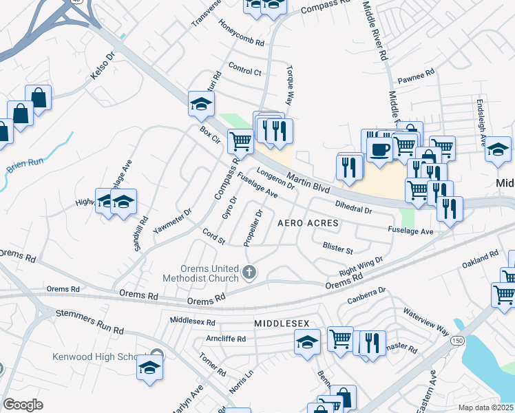 map of restaurants, bars, coffee shops, grocery stores, and more near 10 Propeller Drive in Middle River
