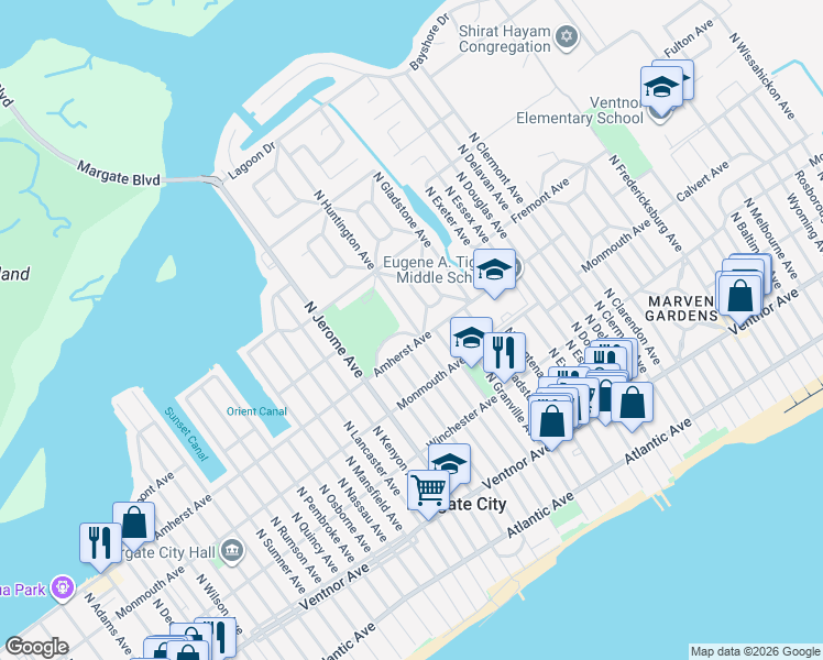 map of restaurants, bars, coffee shops, grocery stores, and more near 300 North Huntington Avenue in Margate City