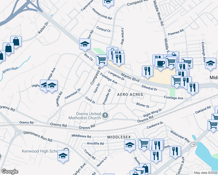 map of restaurants, bars, coffee shops, grocery stores, and more near 10 Propeller Drive in Middle River