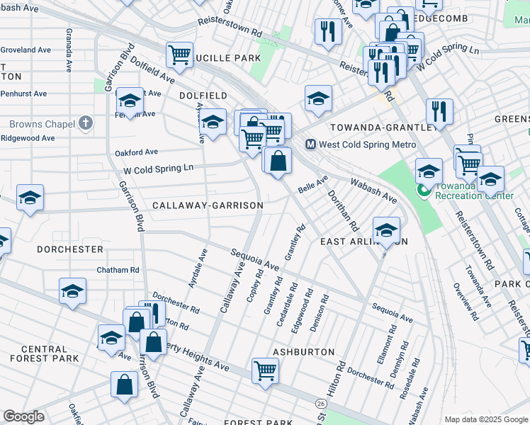 map of restaurants, bars, coffee shops, grocery stores, and more near 3825 Callaway Avenue in Baltimore