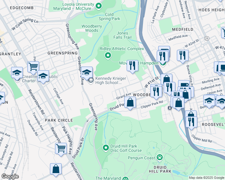 map of restaurants, bars, coffee shops, grocery stores, and more near 3700 Malden Avenue in Baltimore
