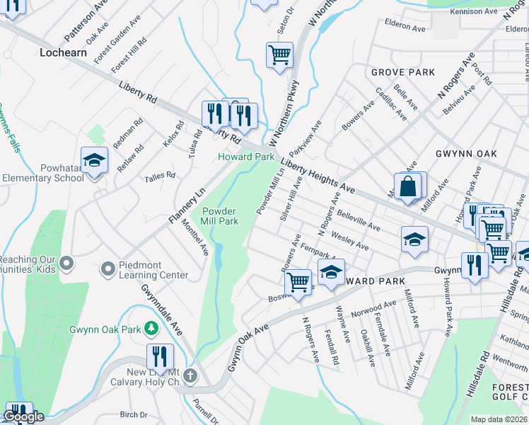 map of restaurants, bars, coffee shops, grocery stores, and more near 5621 Wesley Avenue in Baltimore