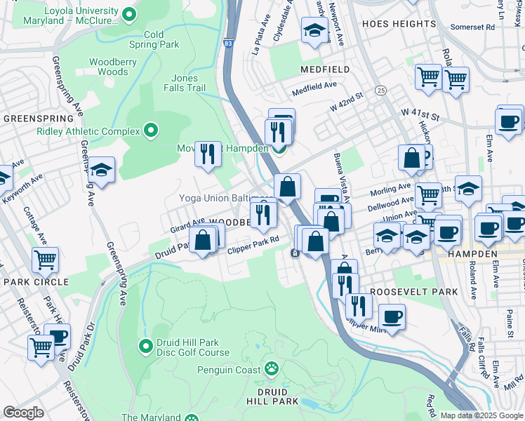 map of restaurants, bars, coffee shops, grocery stores, and more near 2000 Druid Park Drive in Baltimore