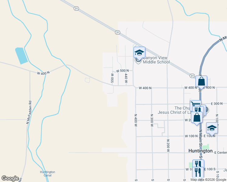 map of restaurants, bars, coffee shops, grocery stores, and more near 590 North 550 West in Huntington