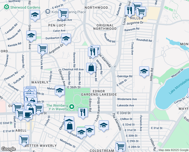 map of restaurants, bars, coffee shops, grocery stores, and more near 3702 Delverne Road in Baltimore