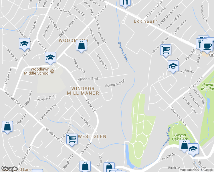 map of restaurants, bars, coffee shops, grocery stores, and more near 6623 Spring Mill Cir in Lochearn