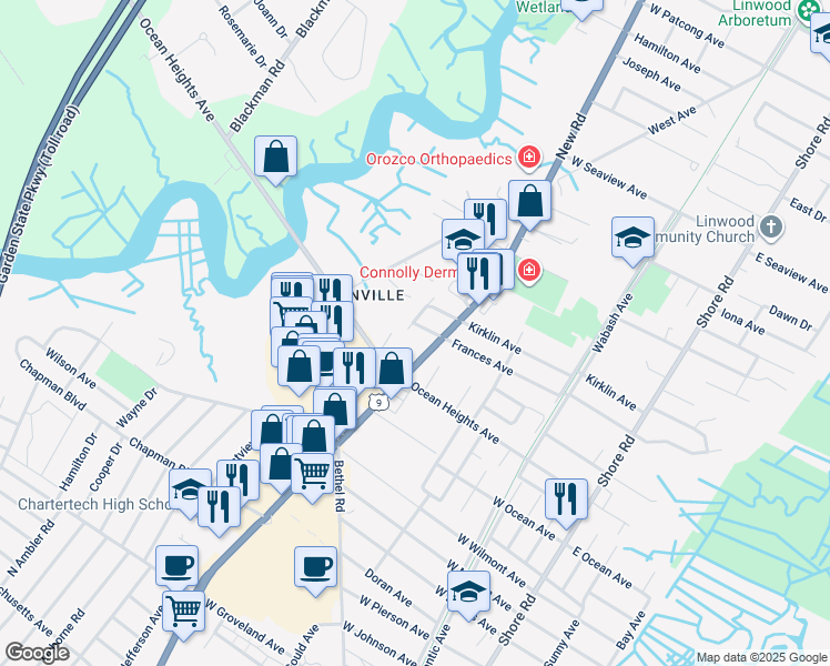 map of restaurants, bars, coffee shops, grocery stores, and more near 530 West Ocean Heights Avenue in Linwood