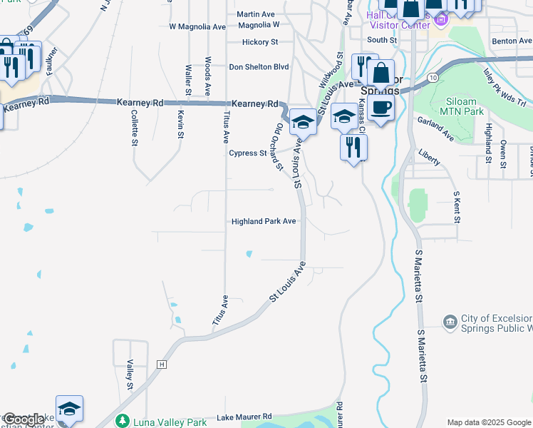 map of restaurants, bars, coffee shops, grocery stores, and more near 114 Highland Park Avenue in Excelsior Springs