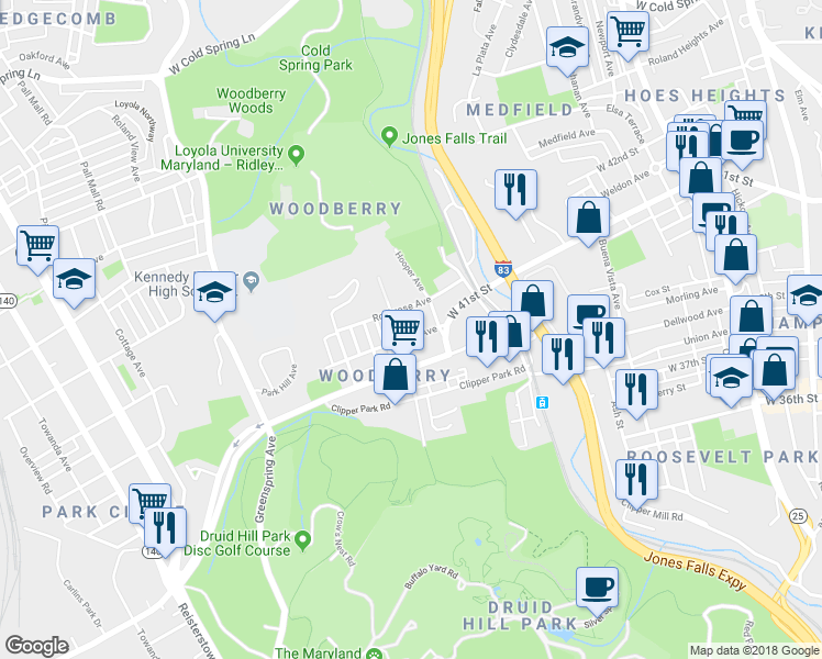 map of restaurants, bars, coffee shops, grocery stores, and more near 2032 Girard Avenue in Baltimore