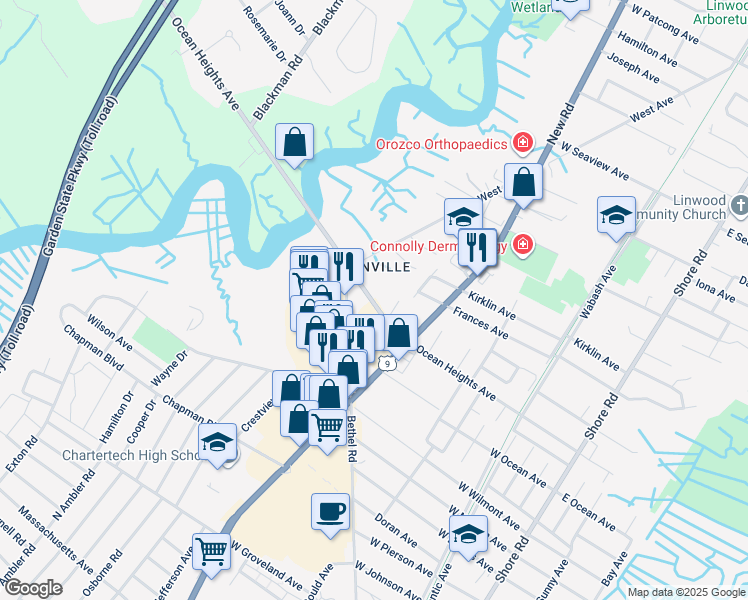 map of restaurants, bars, coffee shops, grocery stores, and more near 536A West Ocean Heights Avenue in Linwood