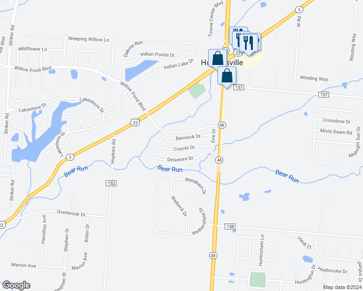 map of restaurants, bars, coffee shops, grocery stores, and more near 206 Coyote Drive in Maineville