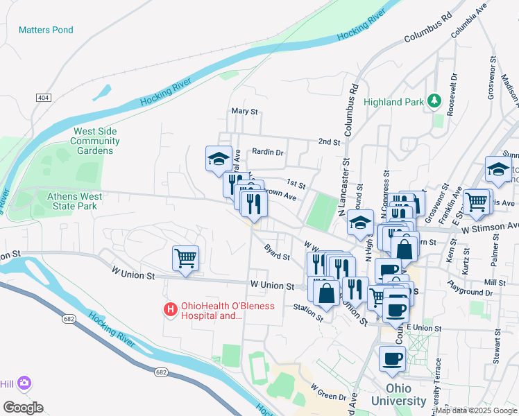 map of restaurants, bars, coffee shops, grocery stores, and more near 198 West State Street in Athens