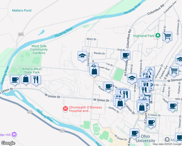 map of restaurants, bars, coffee shops, grocery stores, and more near 201 West State Street in Athens