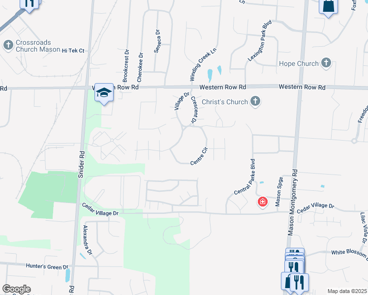 map of restaurants, bars, coffee shops, grocery stores, and more near 411 Western Row Road in Mason