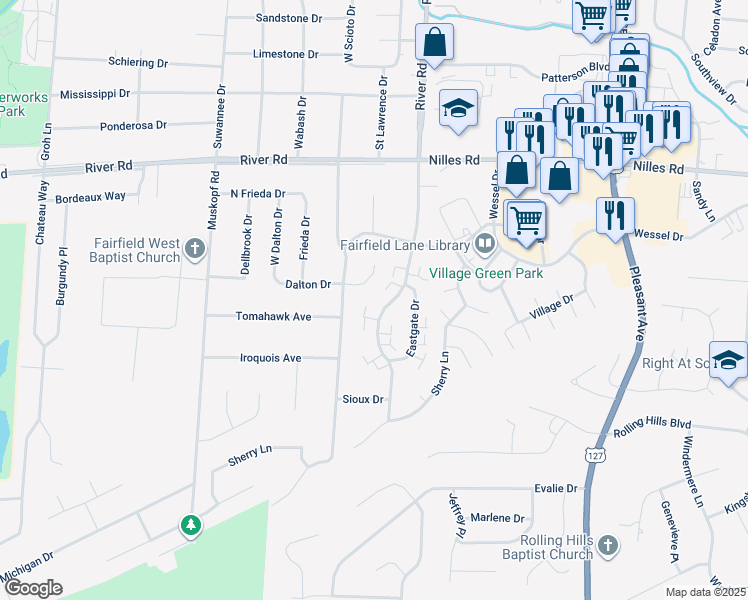 map of restaurants, bars, coffee shops, grocery stores, and more near 5381 Southgate Boulevard in Fairfield