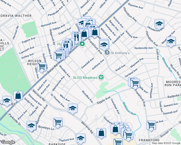 map of restaurants, bars, coffee shops, grocery stores, and more near 5011 Anthony Avenue in Baltimore