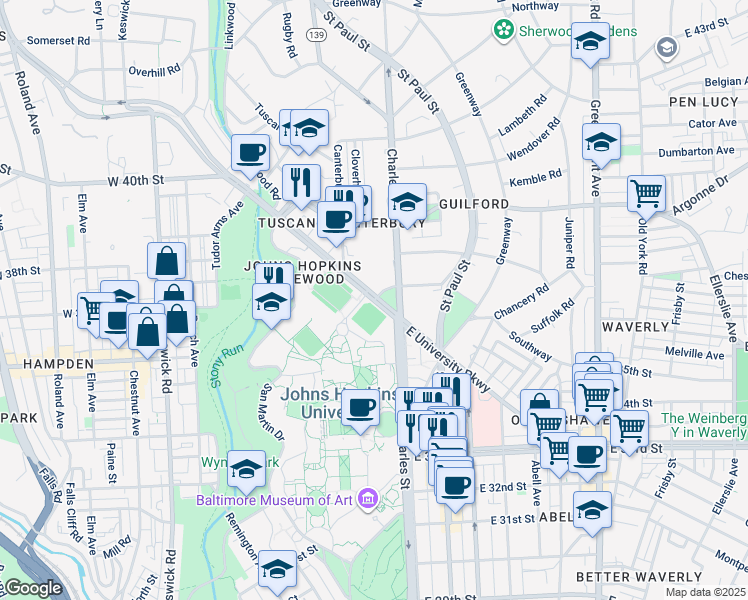 map of restaurants, bars, coffee shops, grocery stores, and more near 107 West University Parkway in Baltimore