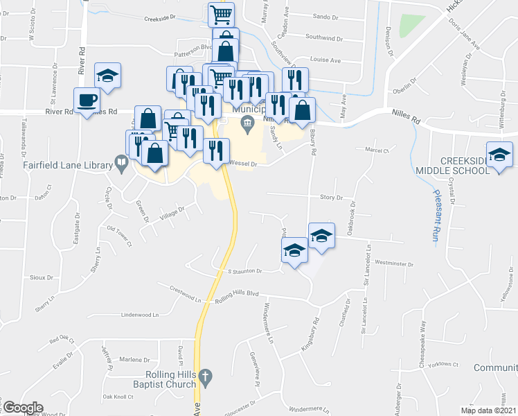 map of restaurants, bars, coffee shops, grocery stores, and more near 1750 North Staunton Drive in Fairfield