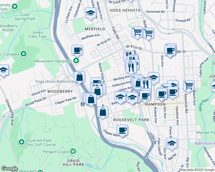 map of restaurants, bars, coffee shops, grocery stores, and more near 1434 Dellwood Avenue in Baltimore