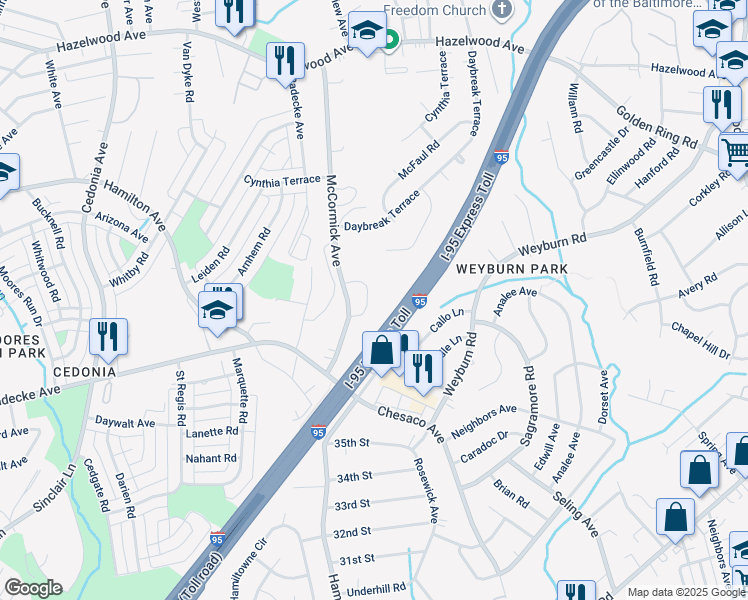 map of restaurants, bars, coffee shops, grocery stores, and more near 8125 Bartholomew Court in Baltimore