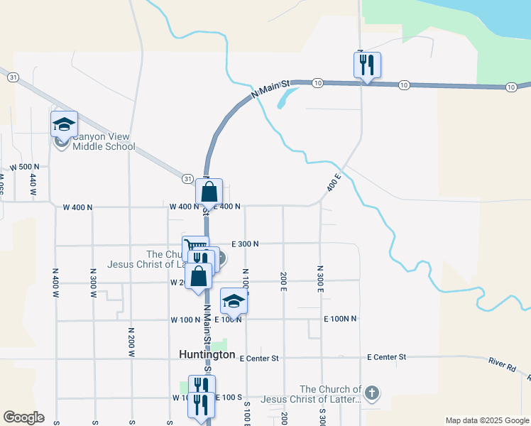 map of restaurants, bars, coffee shops, grocery stores, and more near 150 East 400 North in Huntington