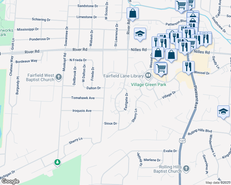 map of restaurants, bars, coffee shops, grocery stores, and more near 5381 Southgate Boulevard in Fairfield