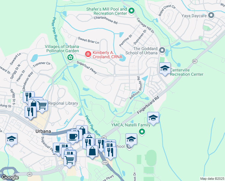 map of restaurants, bars, coffee shops, grocery stores, and more near 9305 Elgin Lane in Frederick