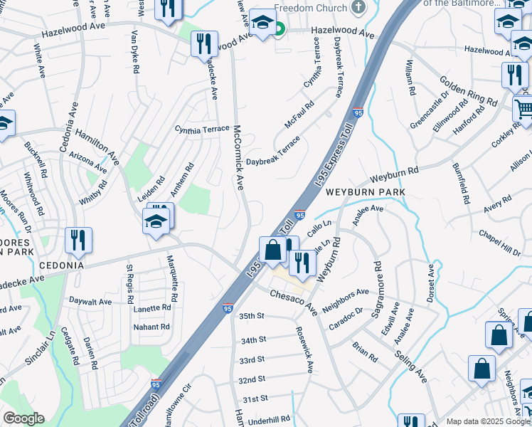 map of restaurants, bars, coffee shops, grocery stores, and more near 8125 Bartholomew Court in Baltimore