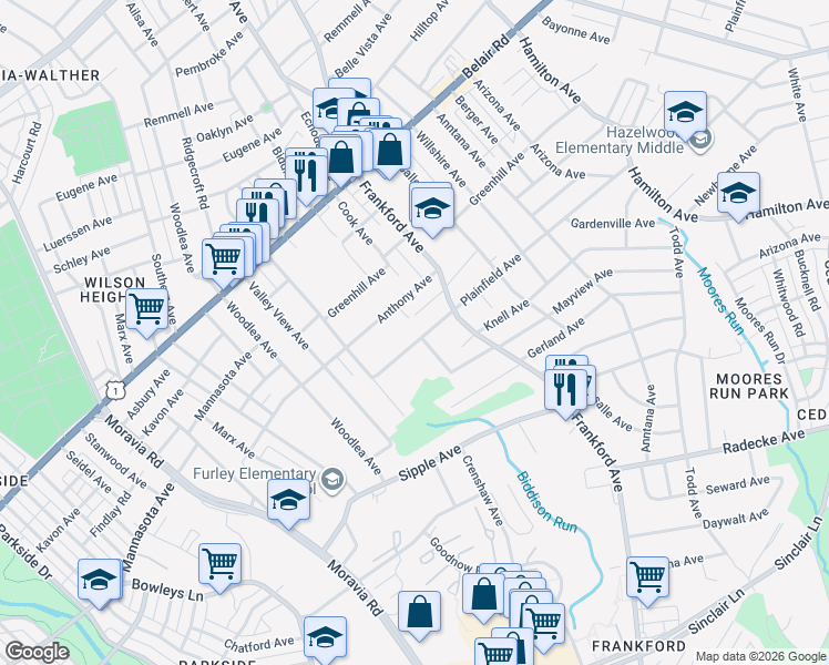 map of restaurants, bars, coffee shops, grocery stores, and more near 5122 Plainfield Avenue in Baltimore