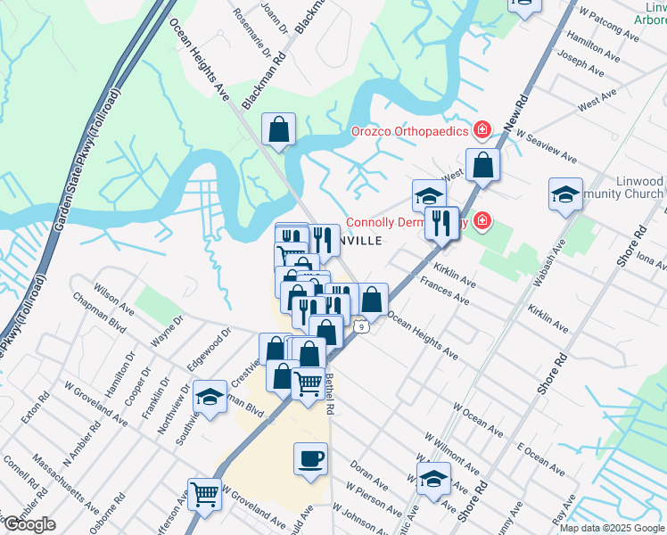 map of restaurants, bars, coffee shops, grocery stores, and more near 536A West Ocean Heights Avenue in Linwood