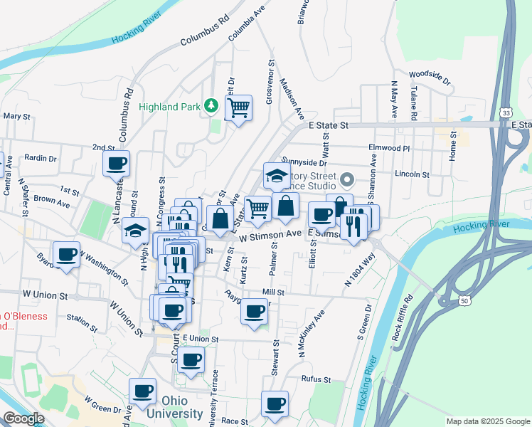 map of restaurants, bars, coffee shops, grocery stores, and more near 15.5 Morris Avenue in Athens