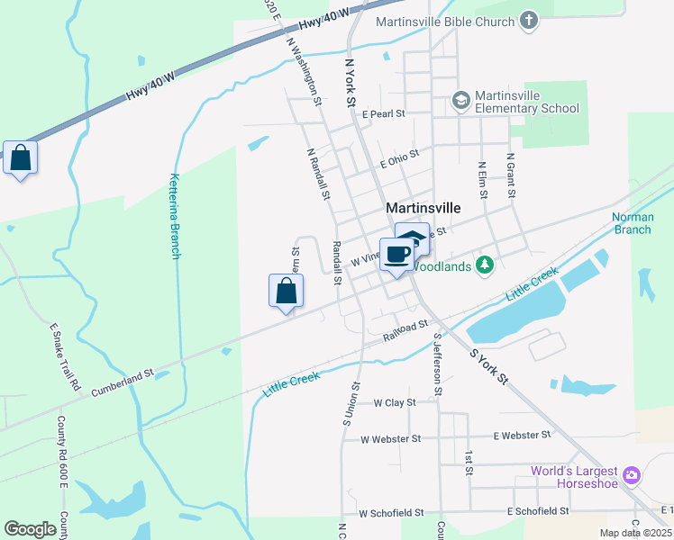 map of restaurants, bars, coffee shops, grocery stores, and more near 215 West Vine Street in Martinsville