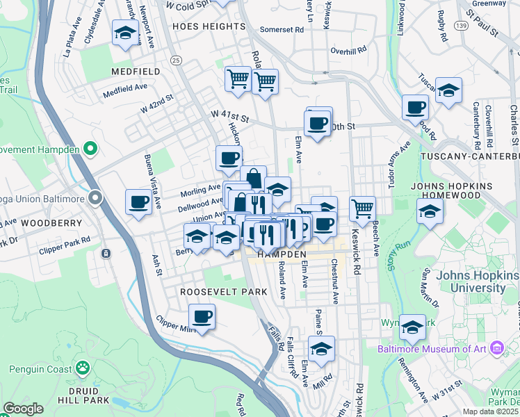 map of restaurants, bars, coffee shops, grocery stores, and more near 1019 Union Avenue in Baltimore