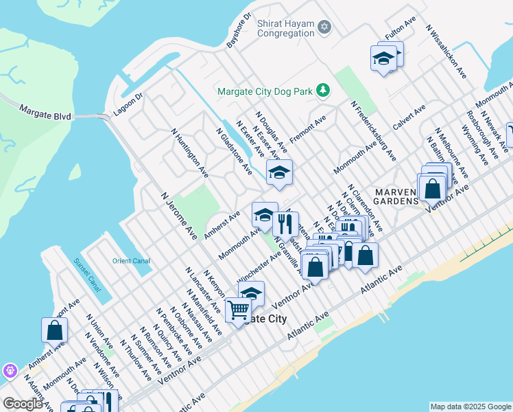 map of restaurants, bars, coffee shops, grocery stores, and more near 210 North Granville Avenue in Margate City