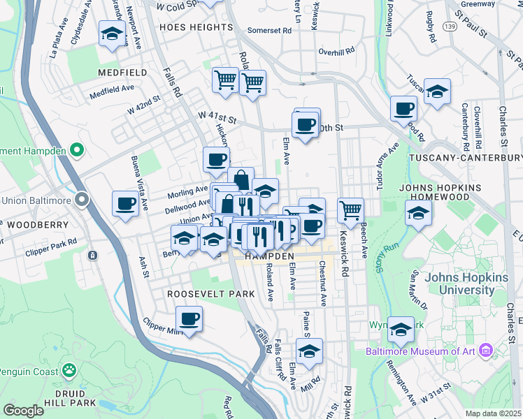 map of restaurants, bars, coffee shops, grocery stores, and more near 3716 Roland Avenue in Baltimore