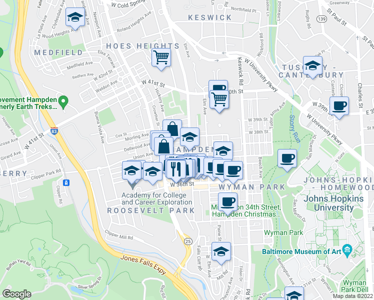 map of restaurants, bars, coffee shops, grocery stores, and more near 3716 Roland Avenue in Baltimore