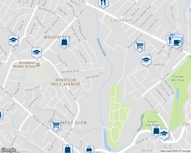 map of restaurants, bars, coffee shops, grocery stores, and more near 6653 Spring Mill Circle in Baltimore